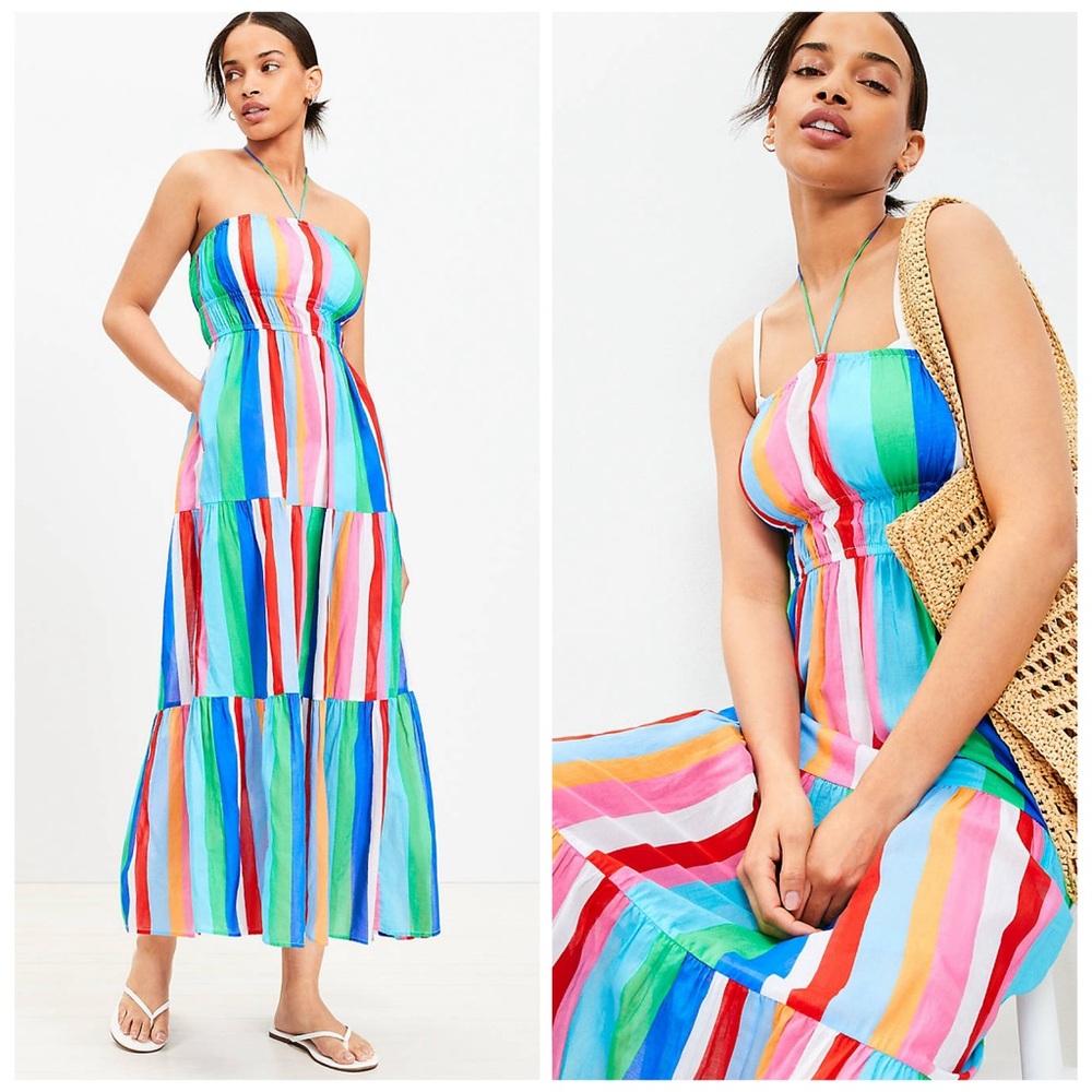 LOFT M S NWT Beach Halter Maxi Swimsuit Coverup Pocket Dress Rainbow Stripe